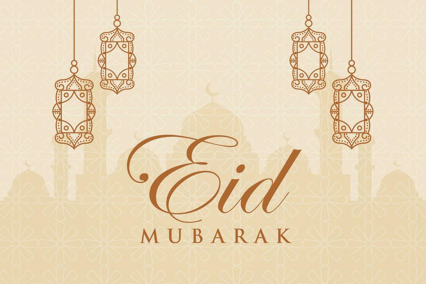 eid mubarak greeting card with lanterns and mosque background vector