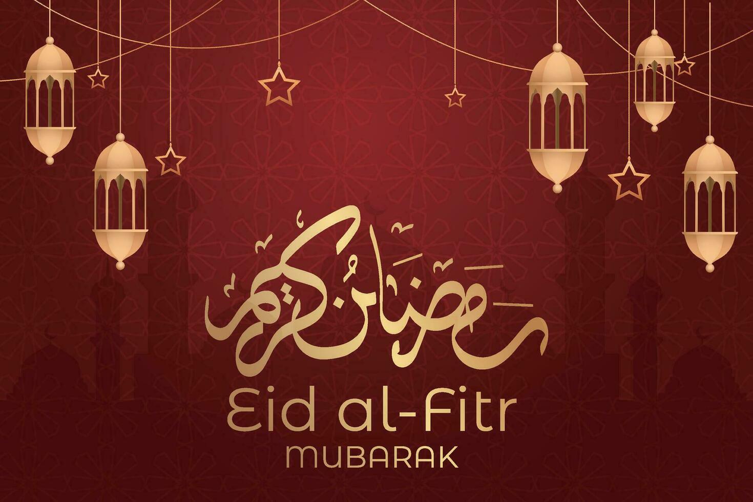 eid mubarak greeting card with hanging lanterns and stars vector