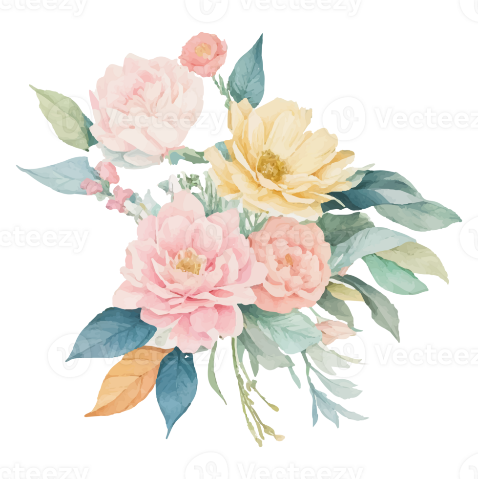 AI generated Illustration of flowers and leaves, hand-painted watercolor png