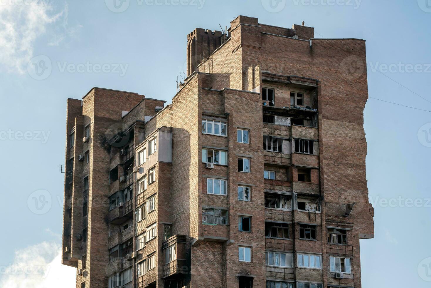 destroyed and burned houses in the city Russia Ukraine war photo