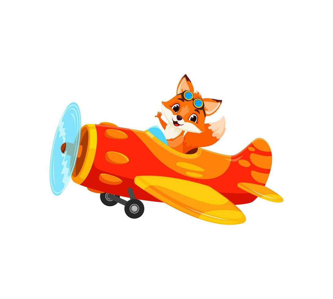 Cartoon fox pilot on plane, funny animal aviator vector