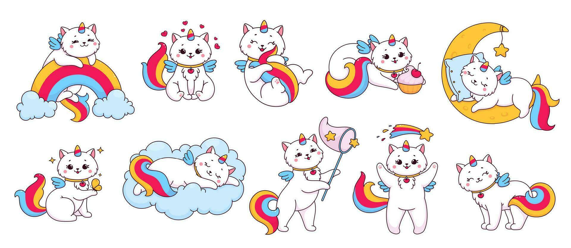 caticorn caracteres, dibujos animados gracioso gatito unicornio vector