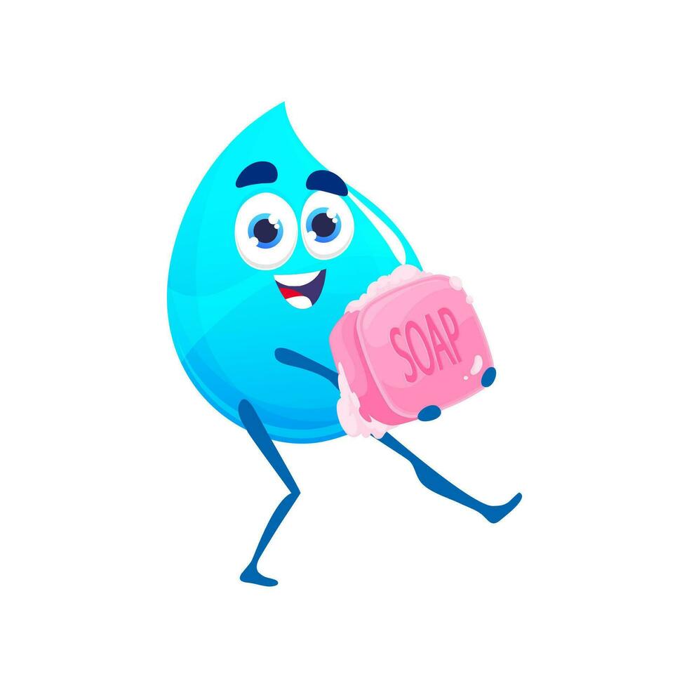 Cartoon happy water drop character with soap vector