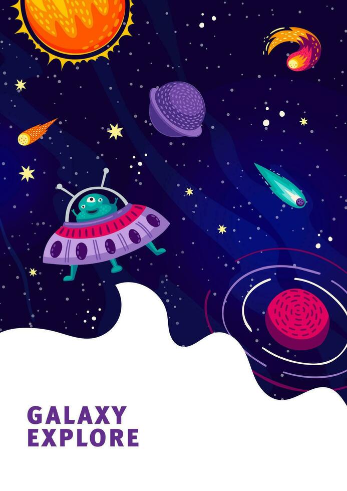 Cartoon alien flying on UFO saucer in galaxy space vector