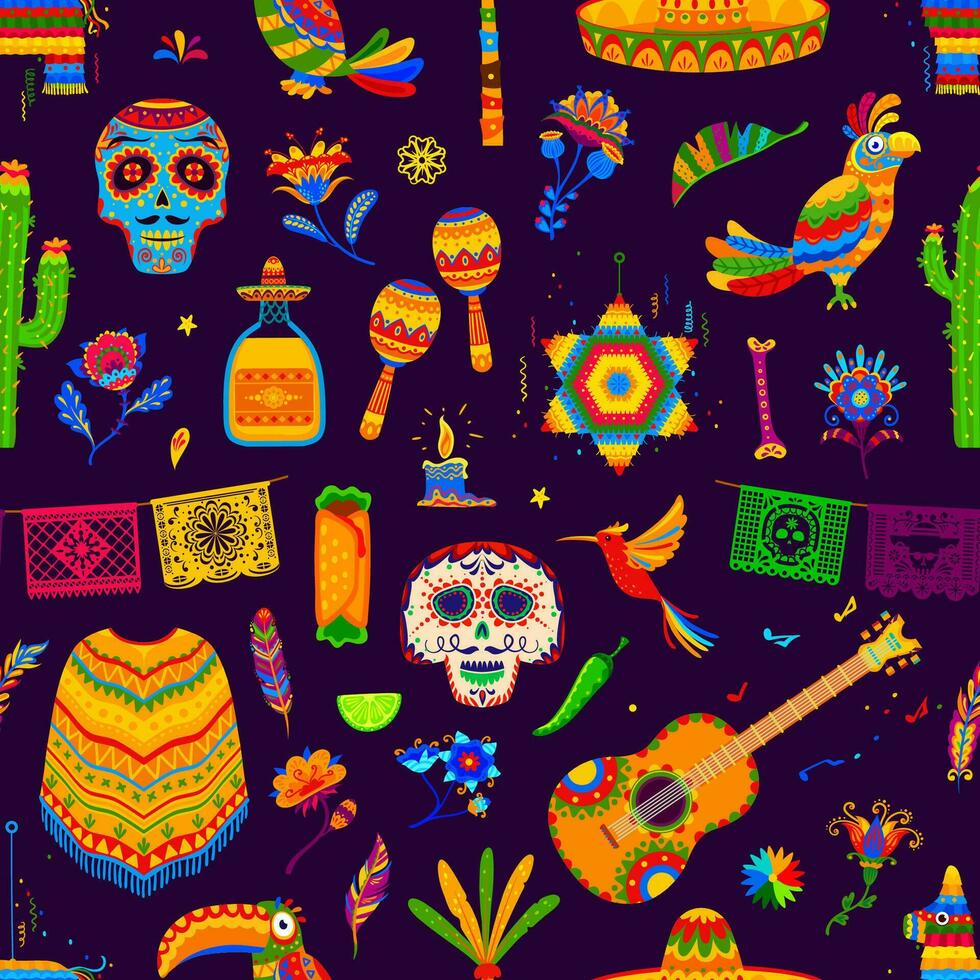 Mexican holiday, festival objects seamless pattern vector