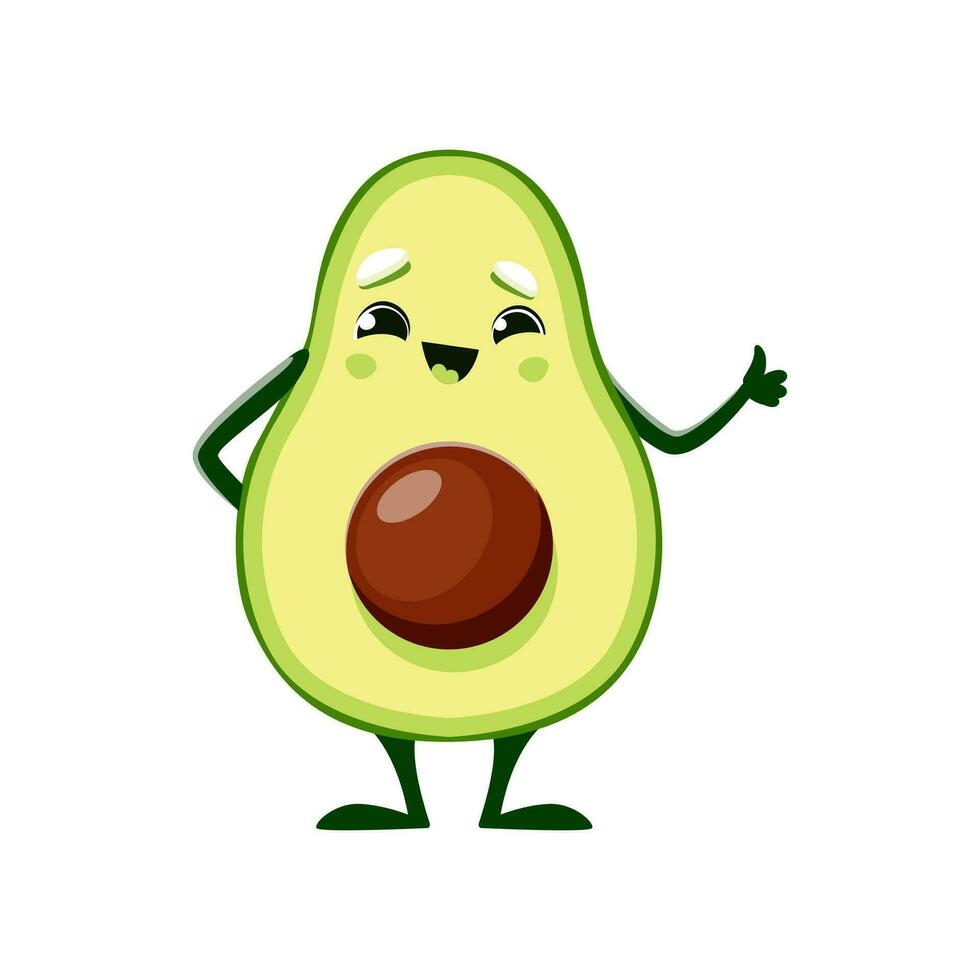 dibujos animados alegre aguacate personaje sonrisa, pulgar arriba vector