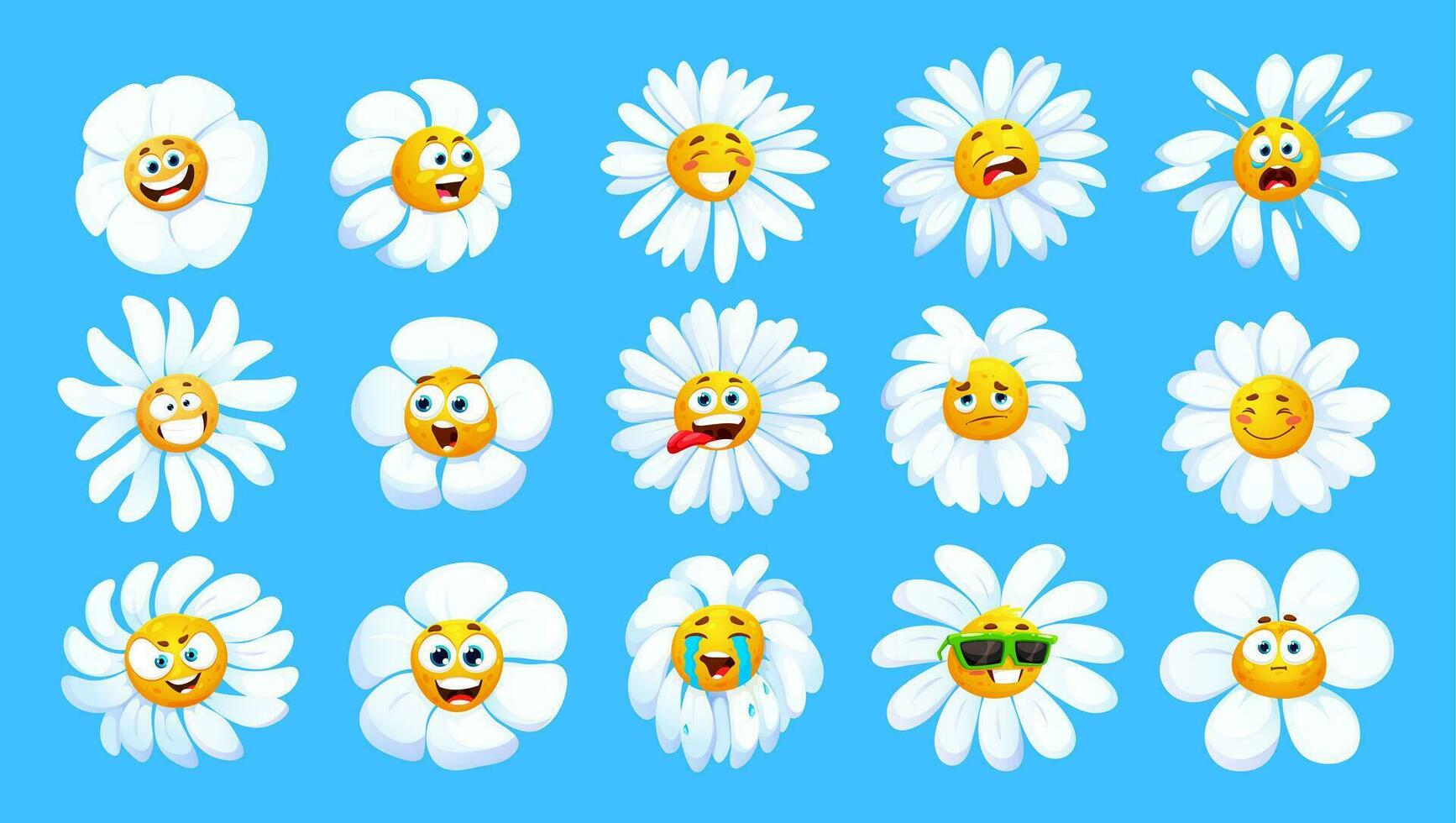 Cartoon chamomile flower characters, funny faces vector