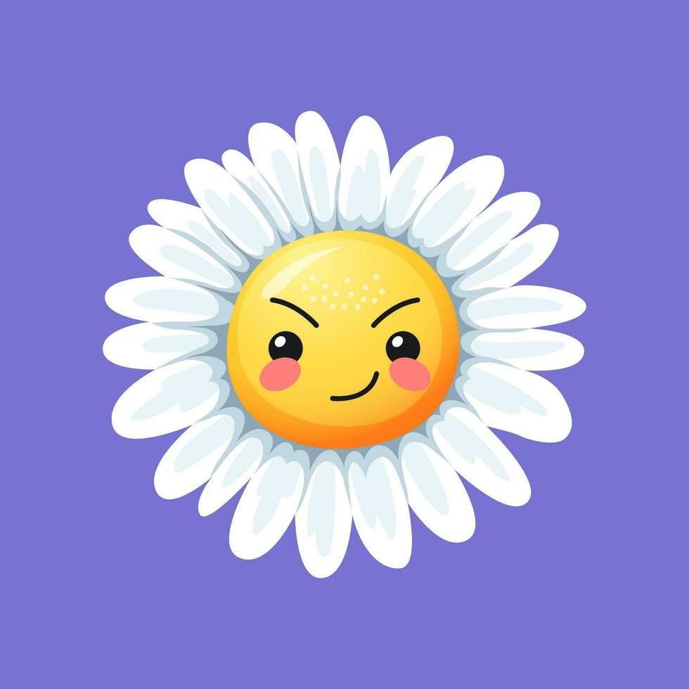 manzanilla sonrisa, enojado margarita flor personaje emoji vector