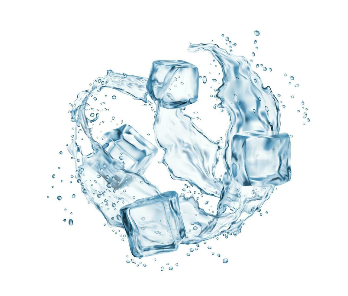 Liquid blue water splash, ice cubes and drops vector