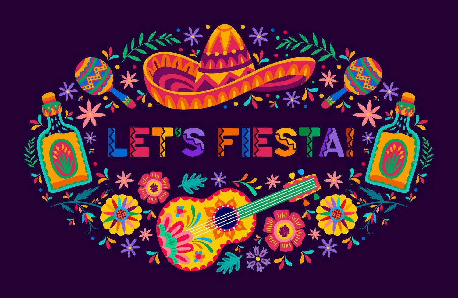 Mexican Let Us Fiesta festival sombrero and guitar vector