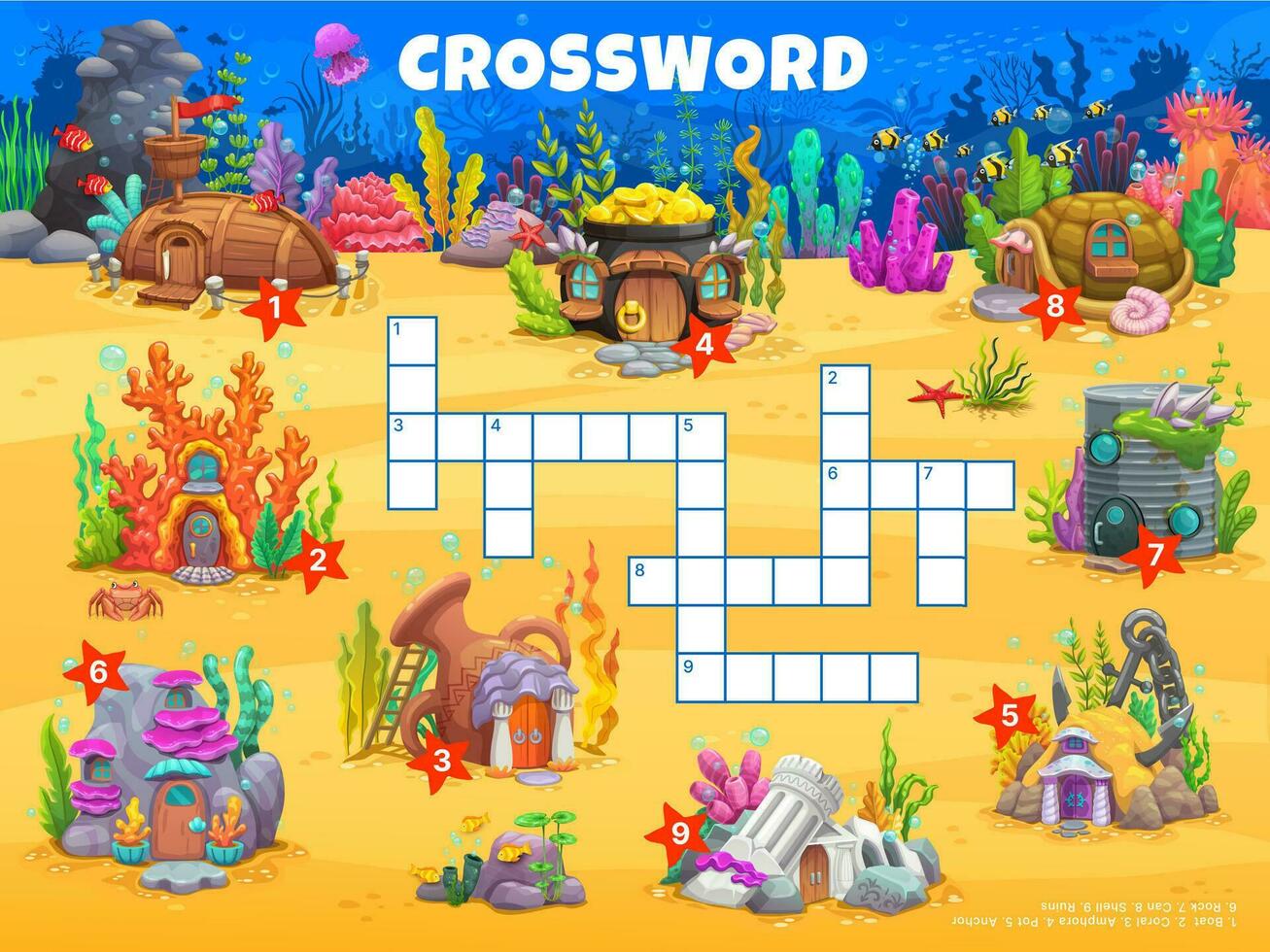 Crossword quiz game. Fairytail underwater houses vector