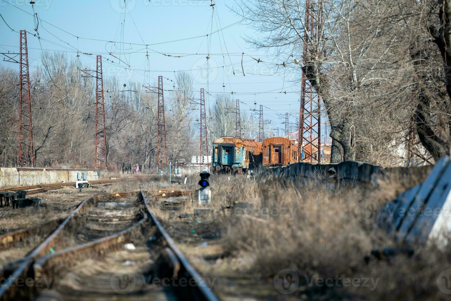 damaged and burnt trains in Ukraine photo