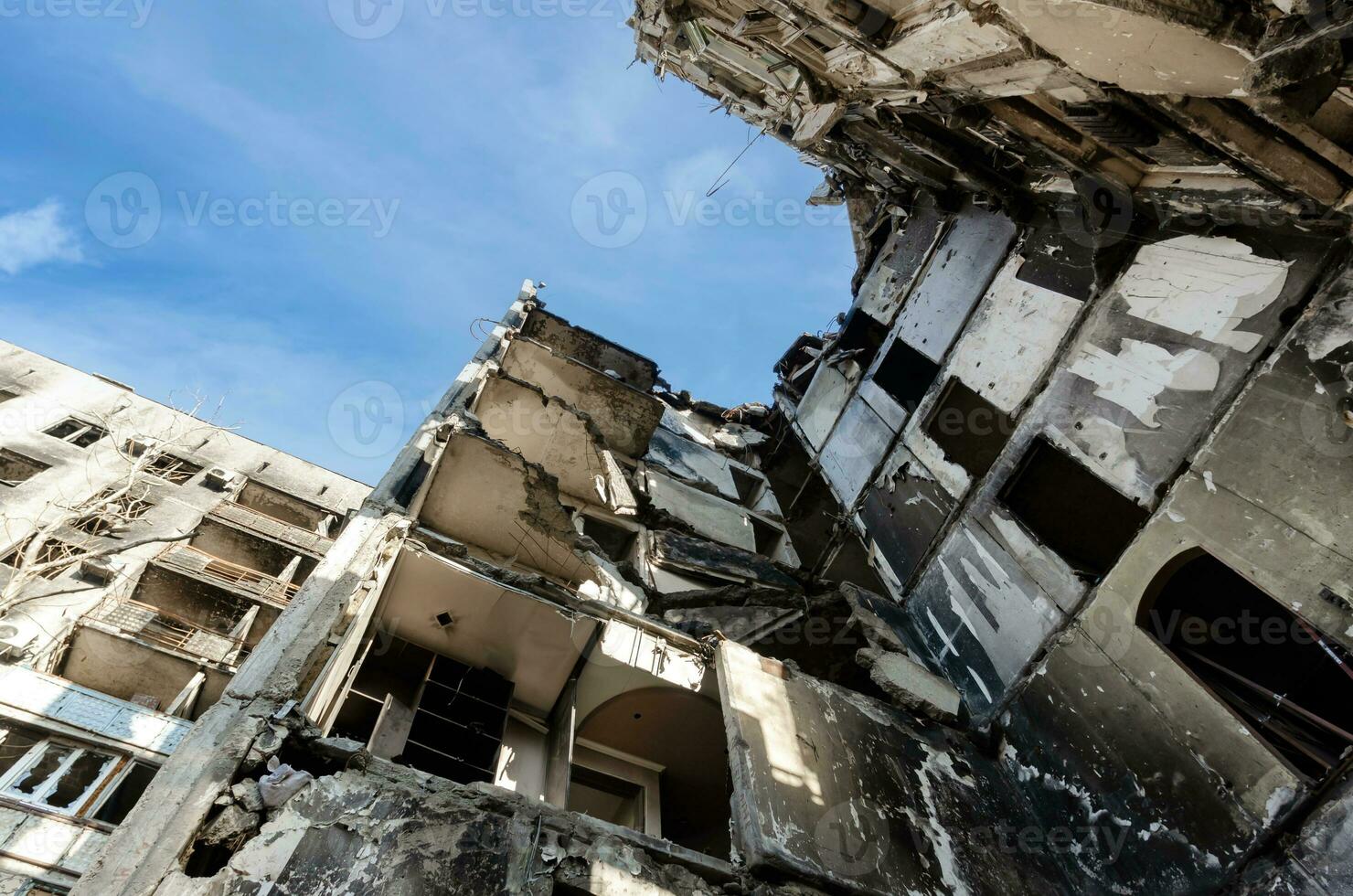 destroyed and burned houses in the city Russia Ukraine war photo