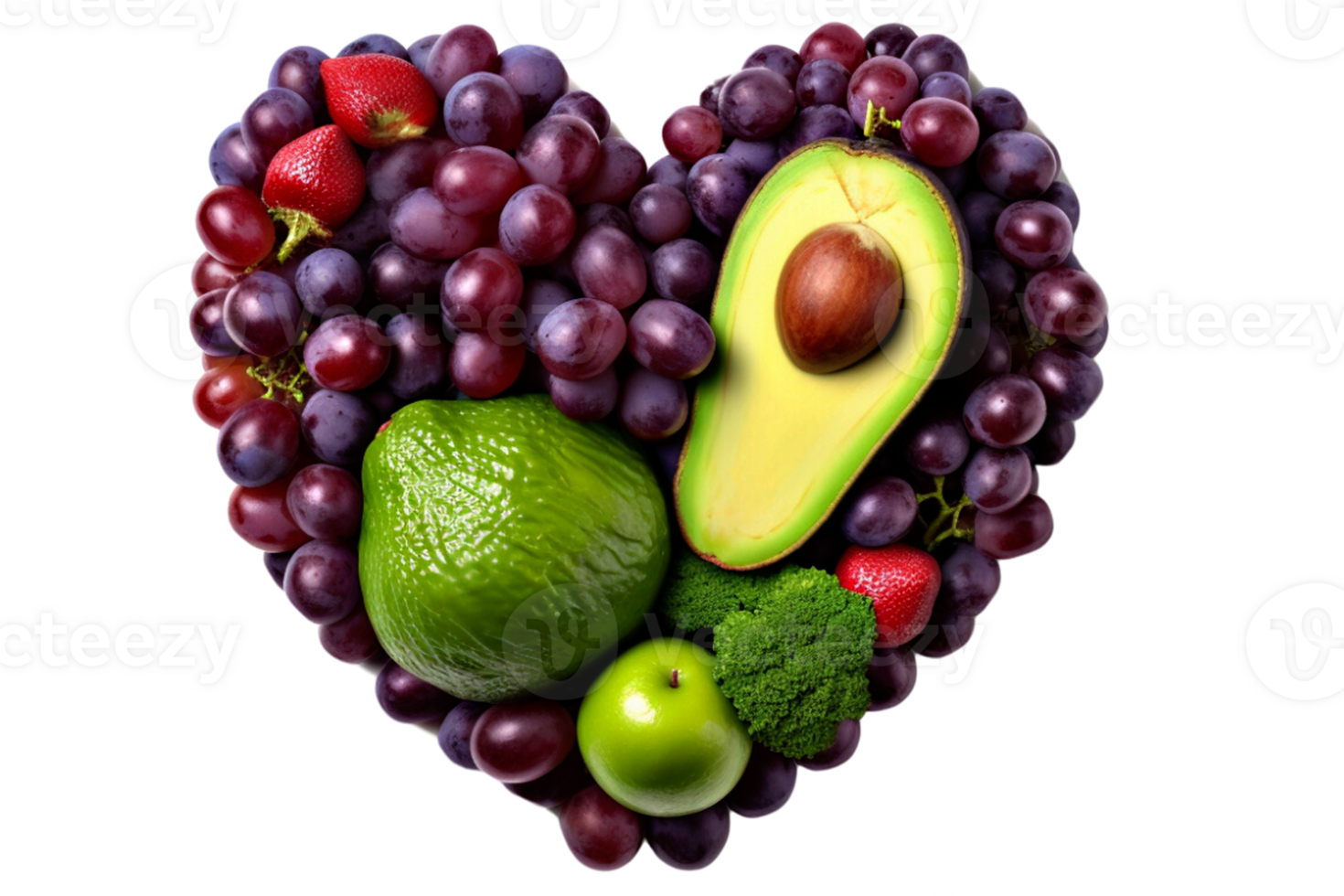 corazón de Fruta aguacate y uva aislado con recorte camino. png