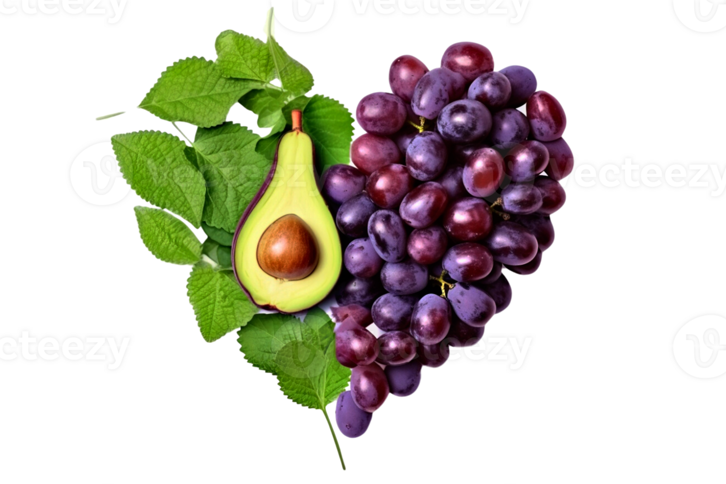 cœur de fruit Avocat et grain de raisin isolé avec coupure chemin. png