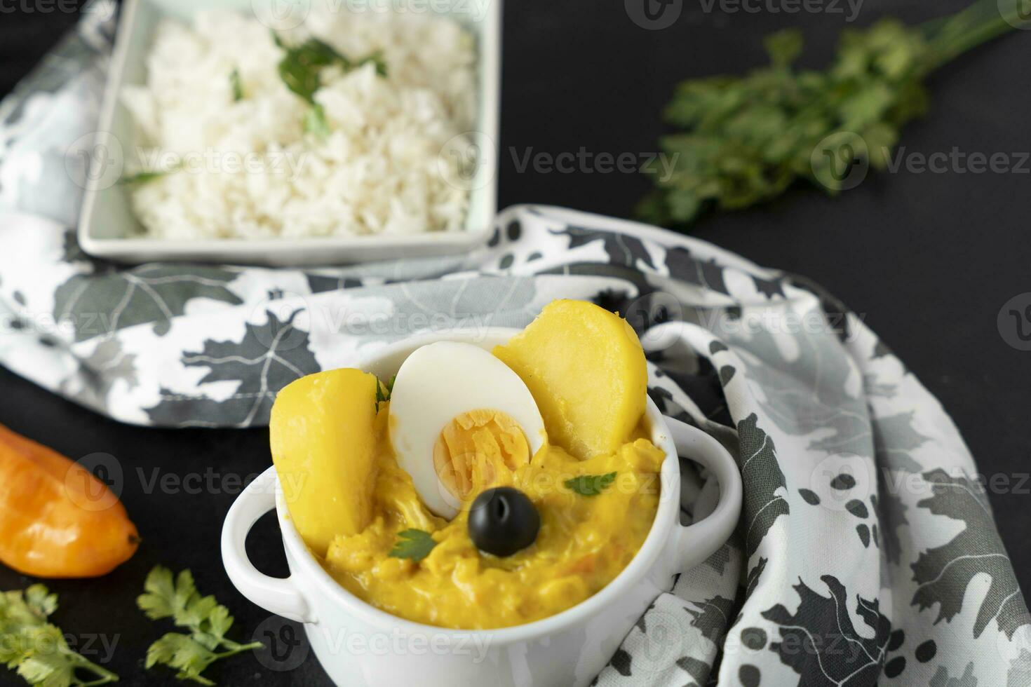 Typical Peruvian dish called Aji de gallina with a portion of rice on a dark background. photo