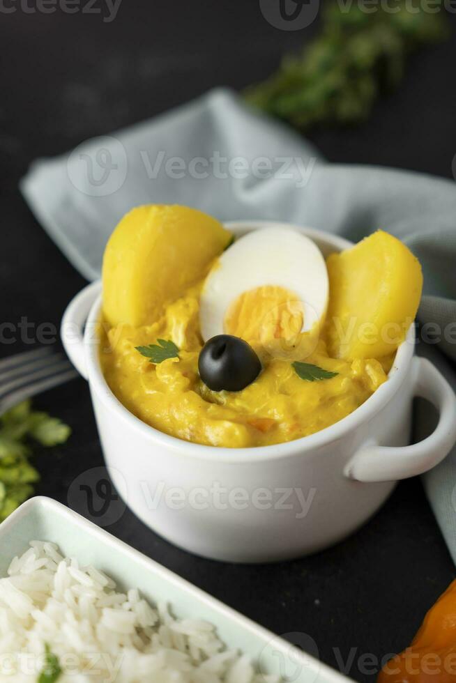 Typical Peruvian dish called Aji de gallina with a portion of rice on a dark background. photo