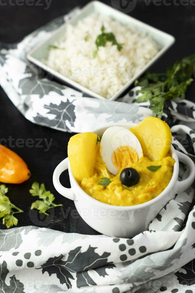 Typical Peruvian dish called Aji de gallina with a portion of rice on a dark background. photo