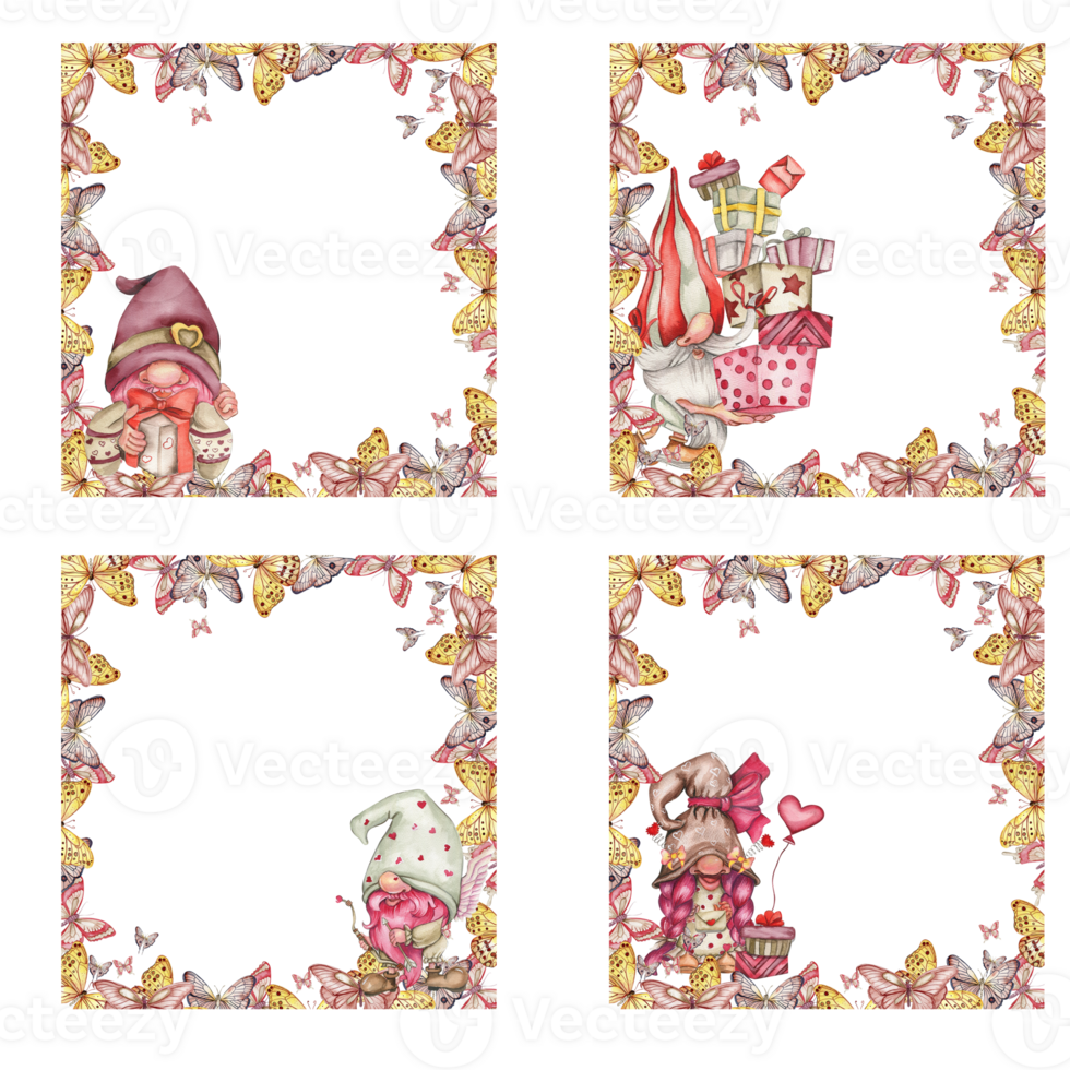 Composition with Valentines Nordic gnomes, Scandinavian gnomes in butterfly frame. png