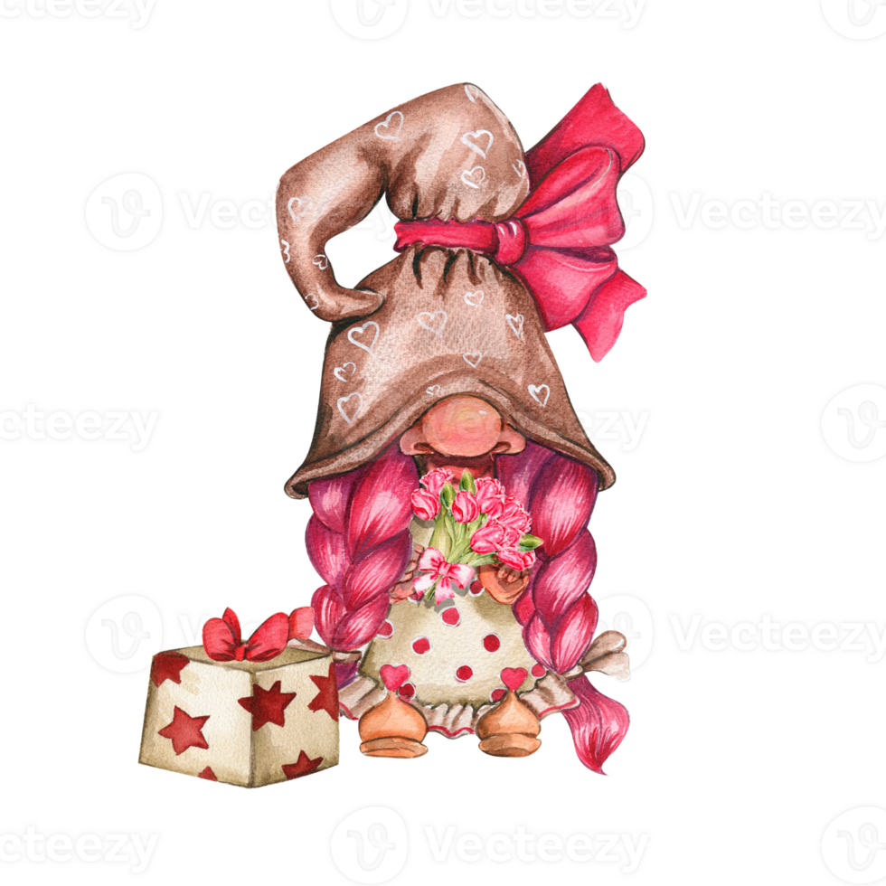 Composition with Valentines Nordic gnomes, gift boxes and flowers. png