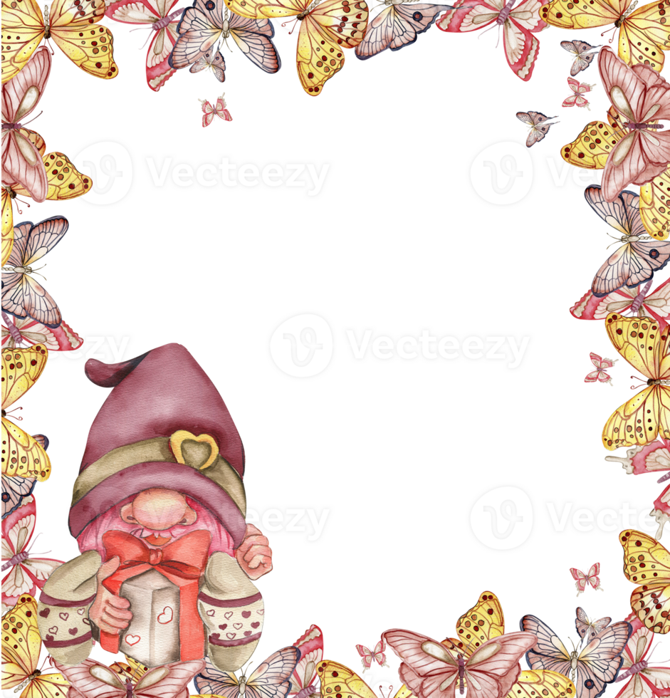 Composition with Valentines Nordic gnomes, Scandinavian gnomes in butterfly frame. png