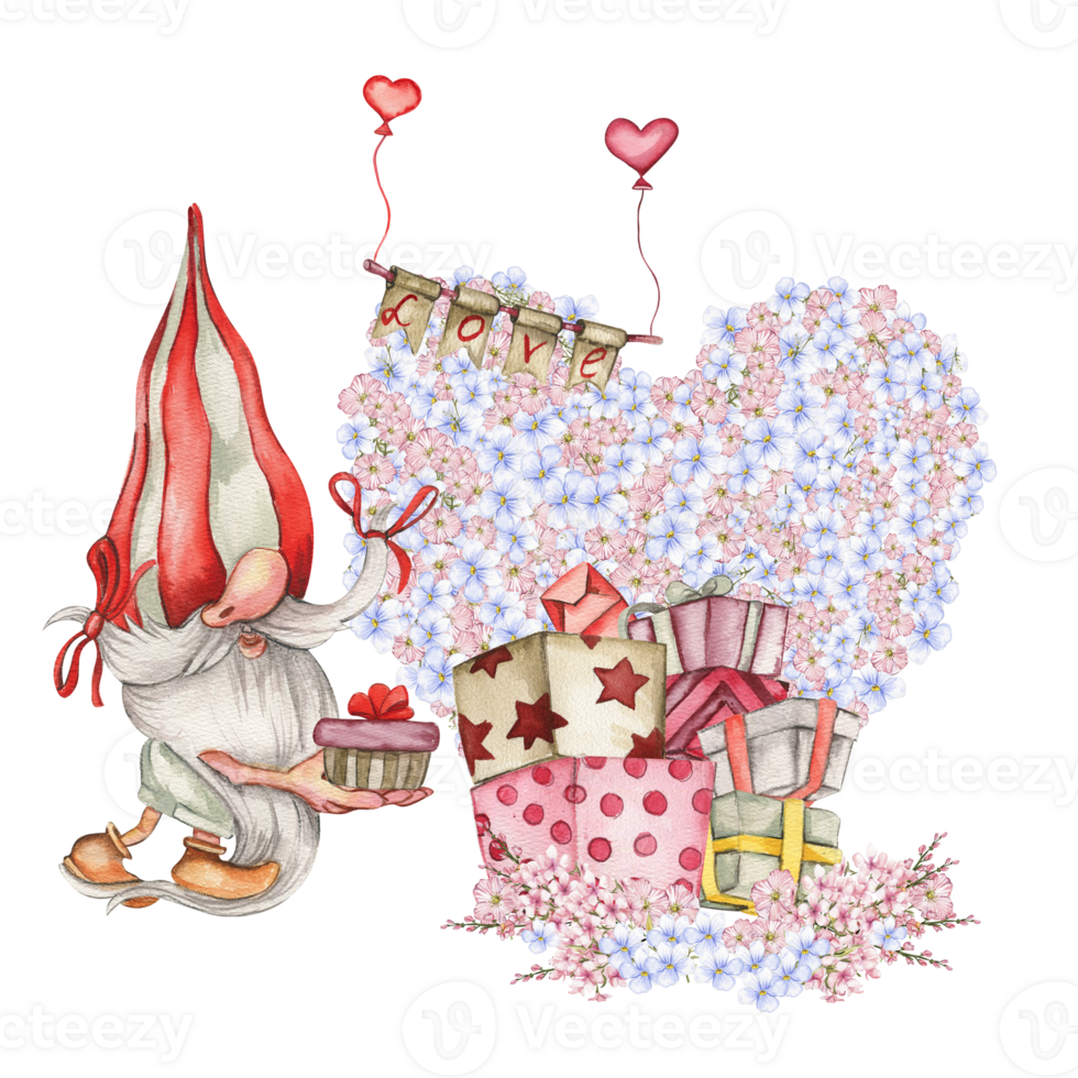 Composition with Valentines Nordic gnomes, gift boxes and flowers. png
