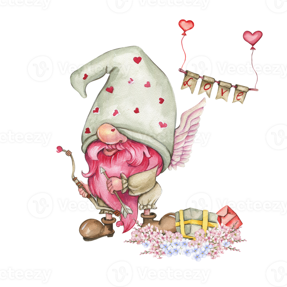 Composition with Valentines Nordic gnomes, gift boxes and flowers. png