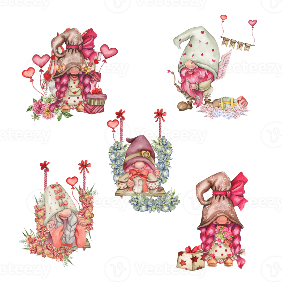 Composition with Valentines Nordic gnomes, gift boxes and flowers. png