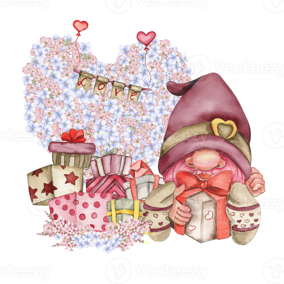 Composition with Valentines Nordic gnomes, gift boxes and flowers. png