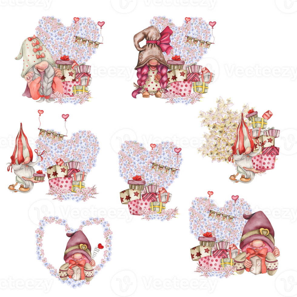 Composition with Valentines Nordic gnomes, gift boxes and flowers. png