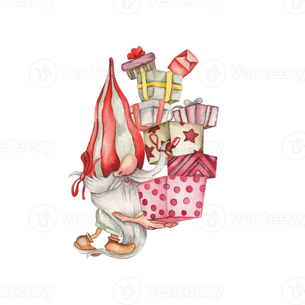 Composition with Valentines Nordic gnomes, gift boxes and flowers. png