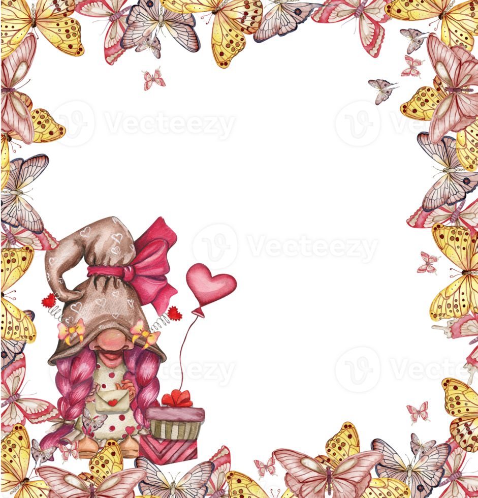 Composition with Valentines Nordic gnomes, Scandinavian gnomes in butterfly frame. png