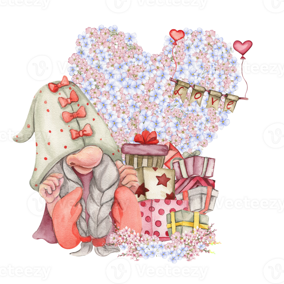 Composition with Valentines Nordic gnomes, gift boxes and flowers. png