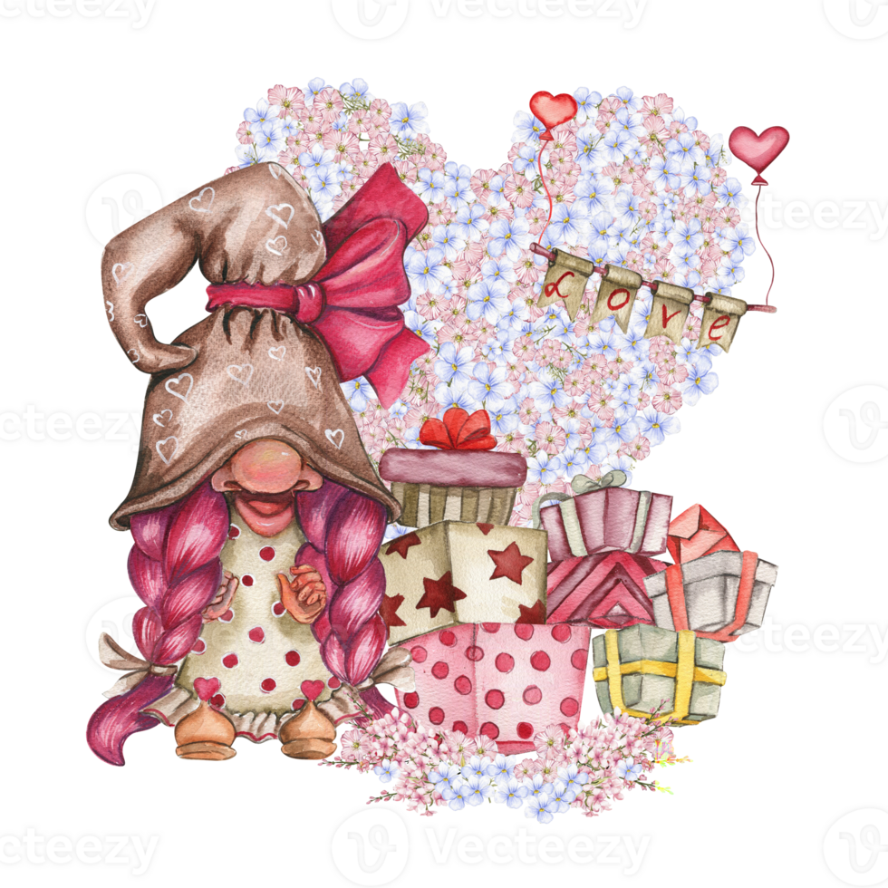 Composition with Valentines Nordic gnomes, gift boxes and flowers. png