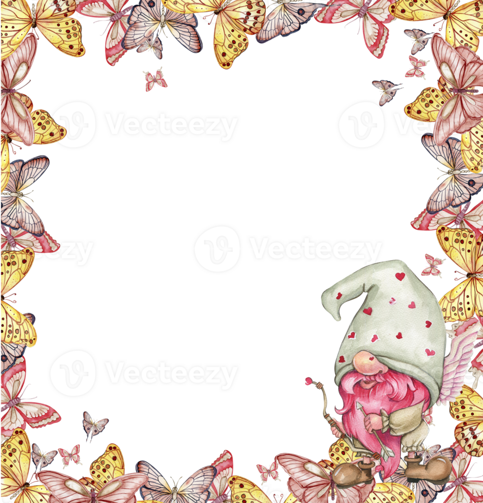 Composition with Valentines Nordic gnomes, Scandinavian gnomes in butterfly frame. png