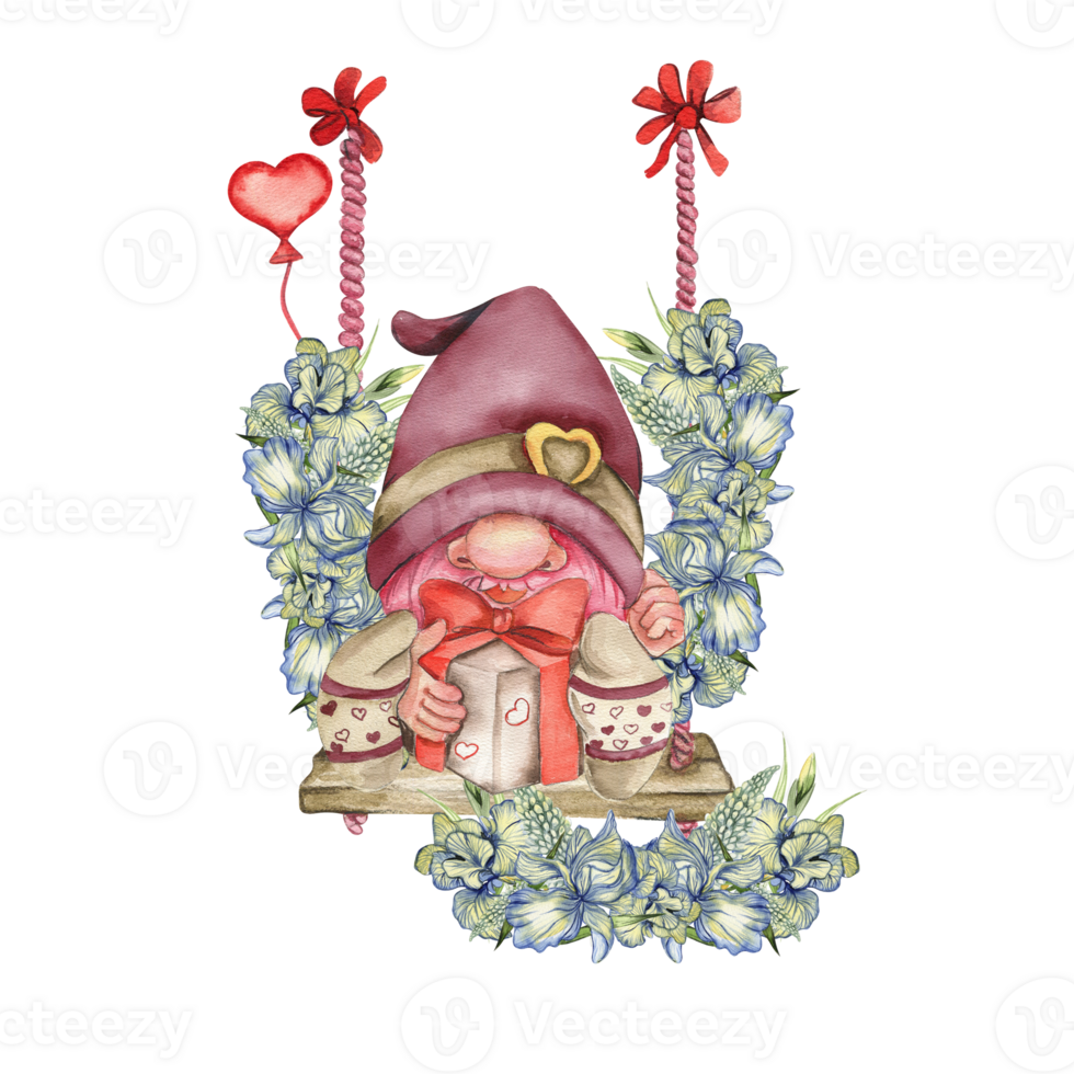 Composition with Valentines Nordic gnomes, gift boxes and flowers. png