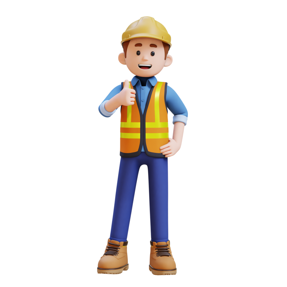 3d construction ouvrier personnage donnant les pouces en haut pose png