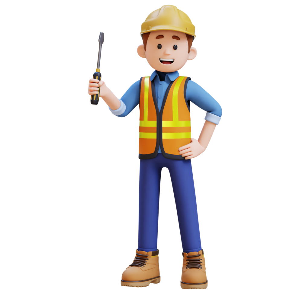 3d construção trabalhador personagem segurando Chave de fenda dentro confiante pose png