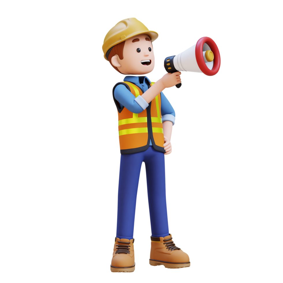 3d construcción trabajador personaje gritos con megáfono png