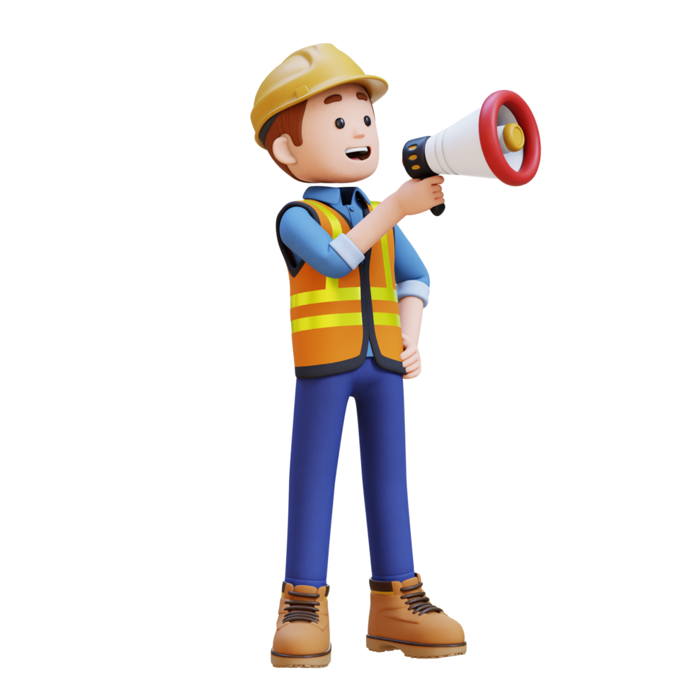 3D Construction Worker Character shouting with Megaphone png