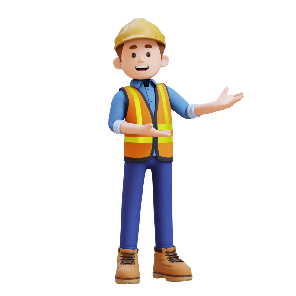 3D Construction Worker Character Presenting to the Left Pose png