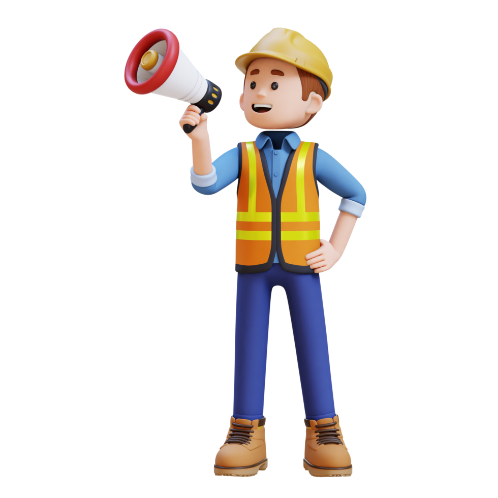 3D Construction Worker Character Holding Megaphone png