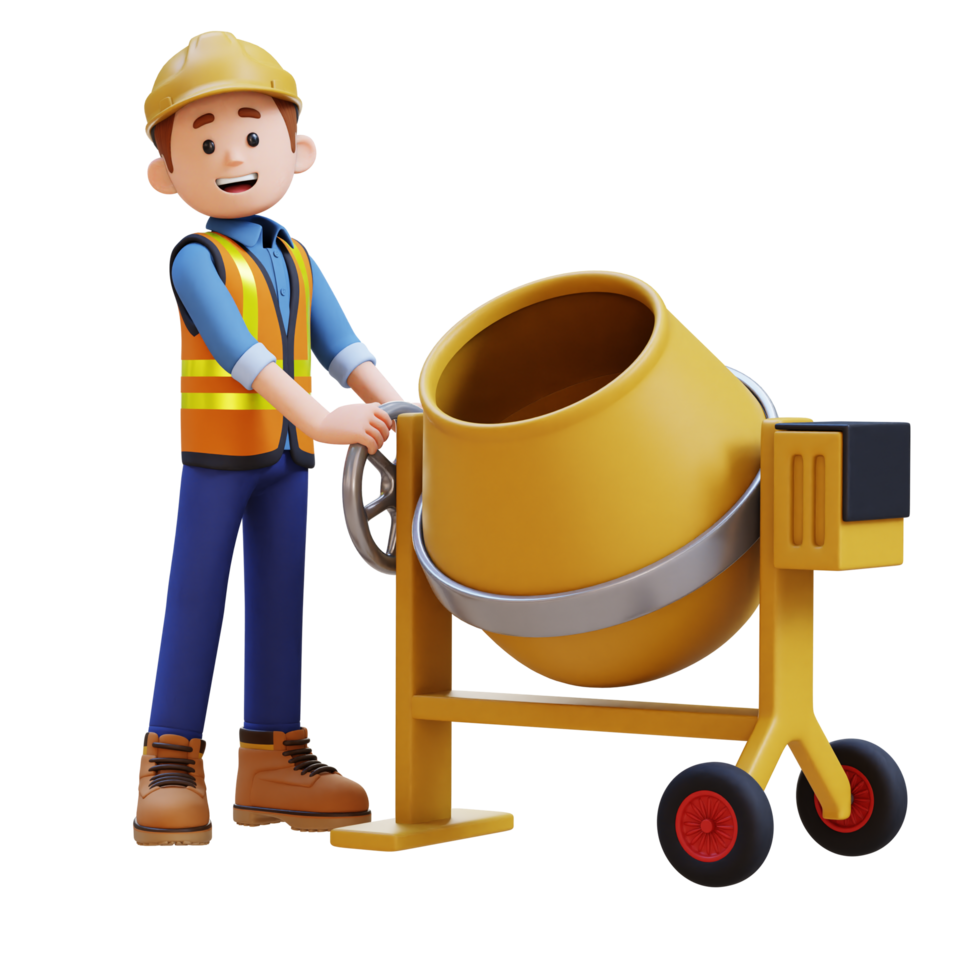 3D Construction Worker Character Working on Concrete Mixer png