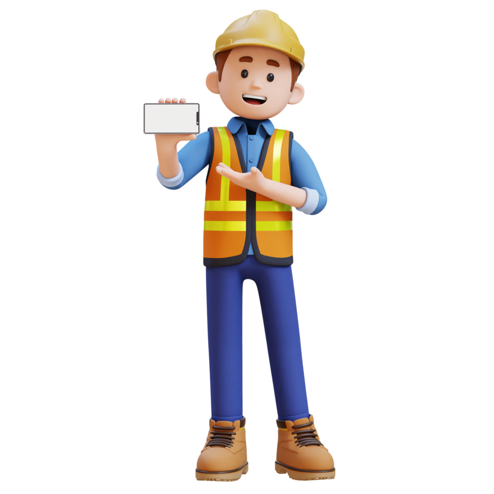 3D Construction Worker Character Presenting on Empty Phone Screen png