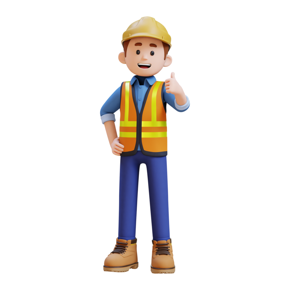 3d construction ouvrier personnage donnant les pouces en haut pose png