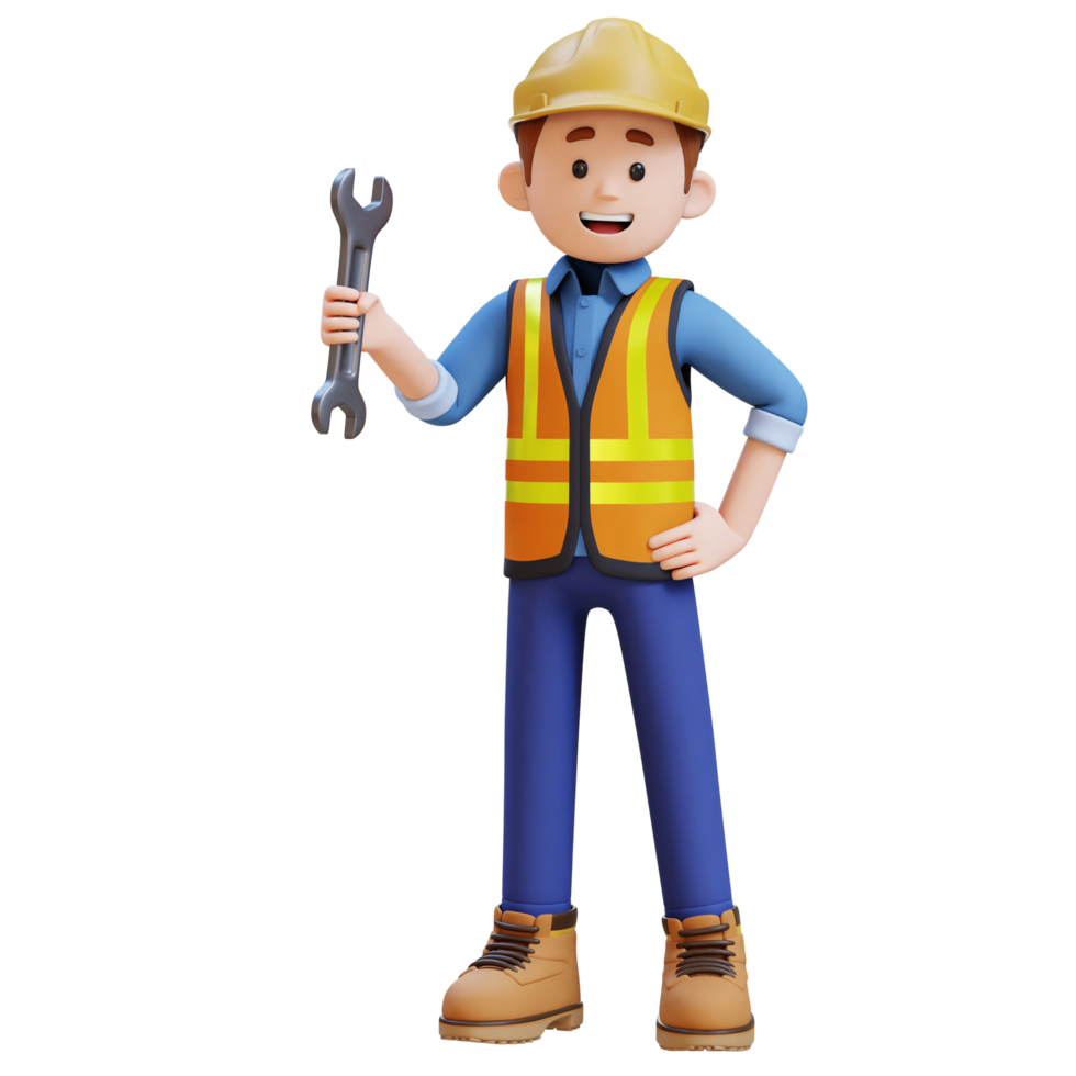 3D Construction Worker Character Holding Wrench in Confident Pose png