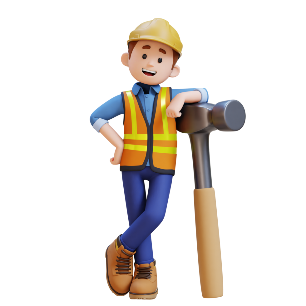 3D Construction Worker Character Lying on Big Hammer png