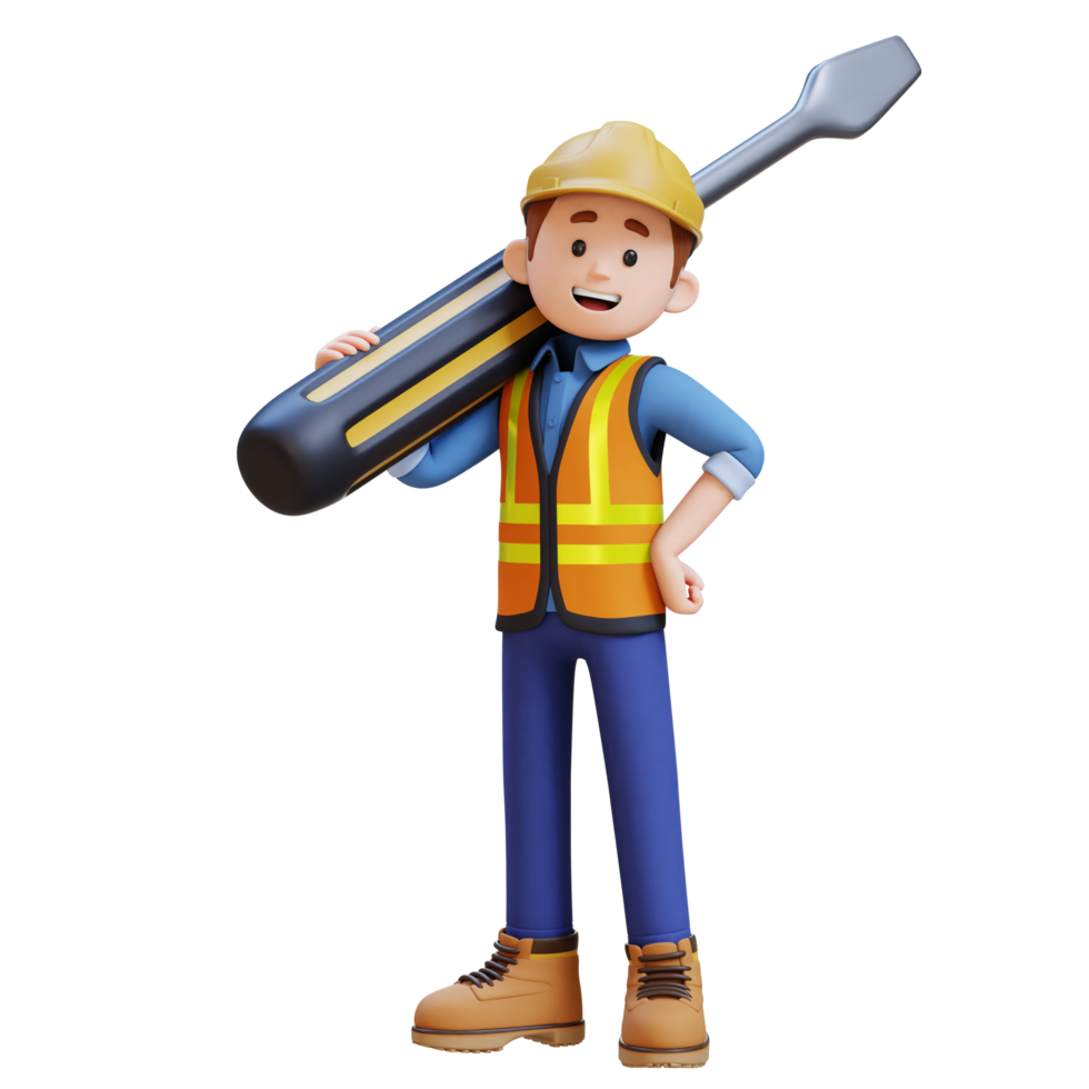 3D Construction Worker Character Carrying Big Screwdriver on Shoulder png