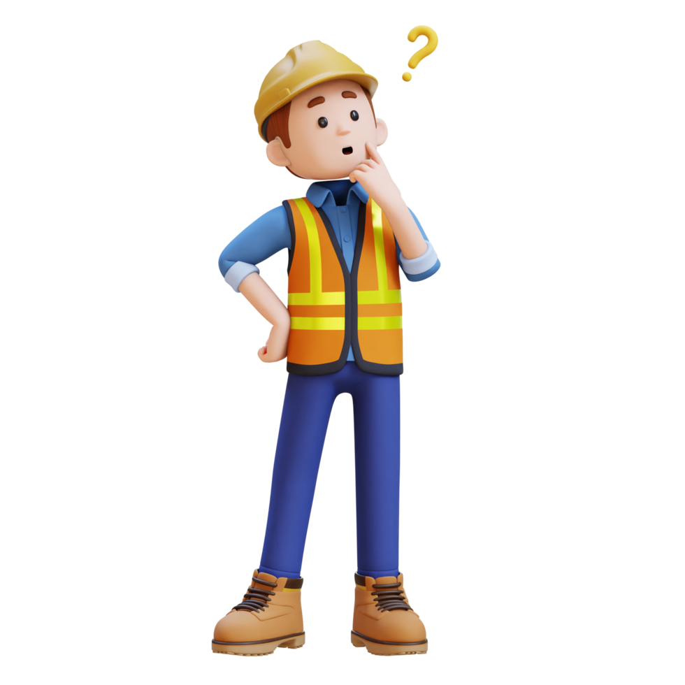 3D Construction Worker Character Confused and Thinking Pose png