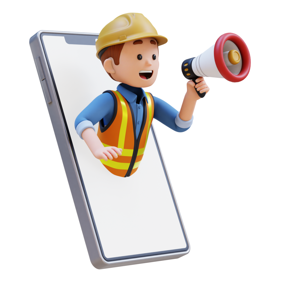 3D Construction Worker Character Jump from Phone Screen with Megaphone png